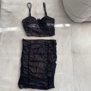 A. Peach Black Mesh Skirt Set